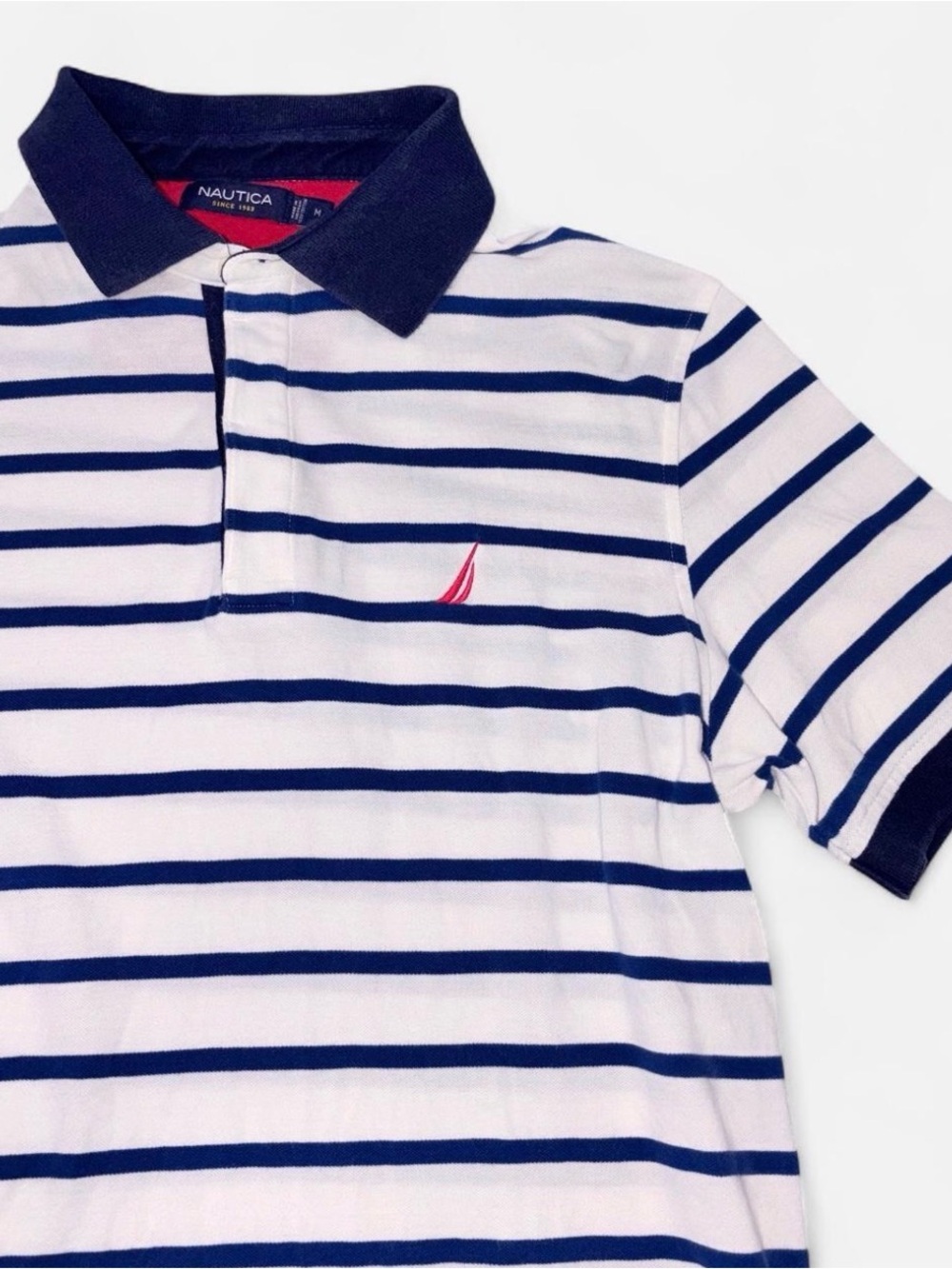 NAUTICA Men’s Polo Striped White Navy Red Size M 100% Cotton